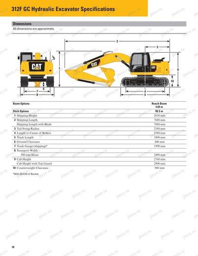 Экскаватор CAT 312FGC — чертёж : лист брошюры 2 из 9, стр. 18 — оригинал производителя