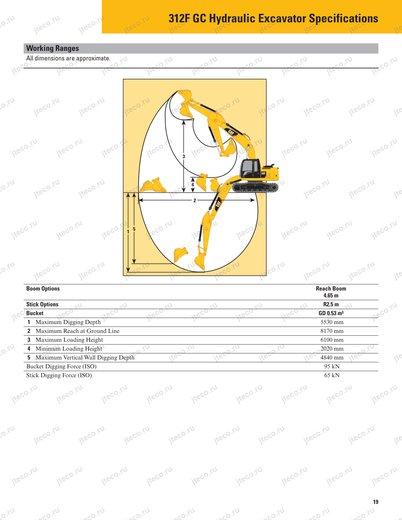 Экскаватор CAT 312FGC — чертёж : лист брошюры 3 из 9, стр. 19 — оригинал производителя