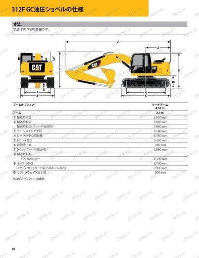 Экскаватор CAT 312FGC — чертёж : лист брошюры 8 из 9, стр. 18 — оригинал производителя
