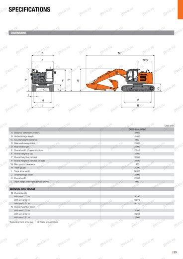Экскаватор HITACHI ZX225USR-6 — чертёж : лист брошюры 1 из 4, стр. 23 — оригинал производителя