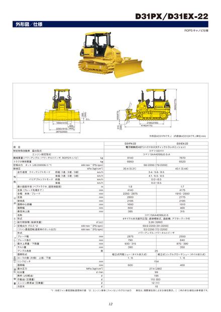 Бульдозер KOMATSU D31PX-22 — чертёж : лист брошюры 2 из 2, стр. 12 — оригинал производителя
