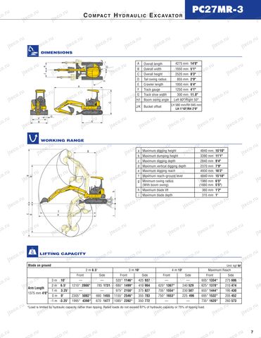 Лист брошюры: размеры и характеристики — Мини-экскаватор KOMATSU PC27MR-3: чертёж, стр. 7 брошюры (оригинал производителя)