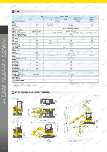 Мини-экскаватор KOMATSU PC30-6 — чертёж : лист брошюры 3 из 3, стр. 22 — оригинал производителя