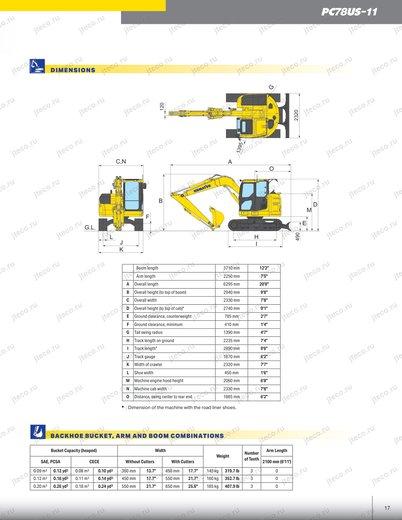 Мини-экскаватор KOMATSU PC78US-11 — чертёж : лист брошюры 2 из 3, стр. 17 — оригинал производителя