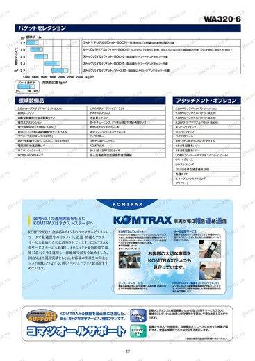 Фронтальный погрузчик KOMATSU WA320-6 — таблица характеристик, лист 1 из 1 (оригинал)