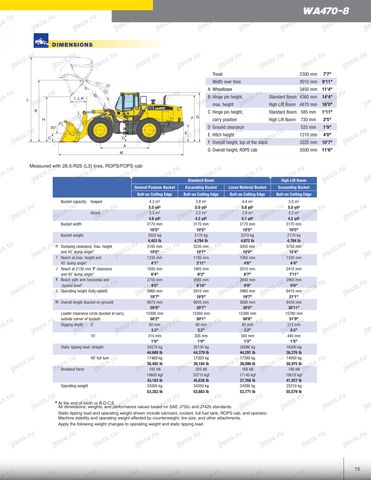 Фронтальный погрузчик KOMATSU WA470-8 — лист брошюры: размеры и характеристики — Колёсный погрузчик : чертёж, стр. 15 брошюры