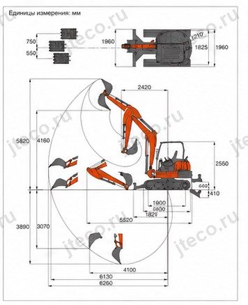 Рабочий диапазон и габариты — Мини-экскаватор KUBOTA KX057-6S2: чертёж, стр. 1 брошюры (перевод на русский)
