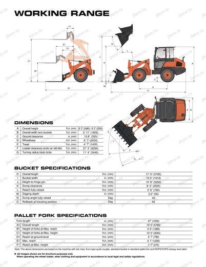 Фронтальный погрузчик KUBOTA R630Z — чертёж : лист брошюры 2 из 2, стр. 10 — оригинал производителя