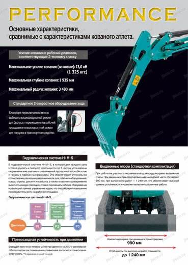 Мини-экскаватор KUBOTA RX-153S — чертёж : лист брошюры 1 из 1, стр. 6 — перевод на русский