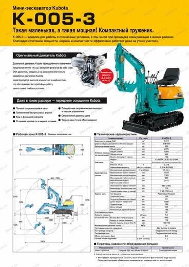 Мини-экскаватор KUBOTA U-10-5 — чертёж : лист брошюры 1 из 1, стр. 7 — перевод на русский