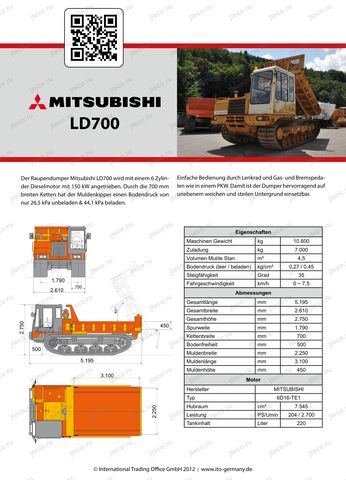 Гусеничный самосвал MITSUBISHI LD700 — лист брошюры: размеры и характеристики — : чертёж, стр. 1 (оригинал)